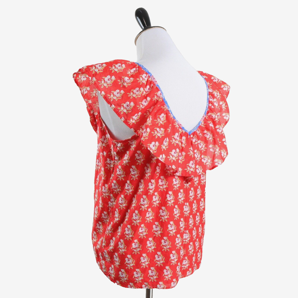 J Crew Size S Ruffle V Neck Top Cotton Classic Block Print Orange - Picture 4 of 11